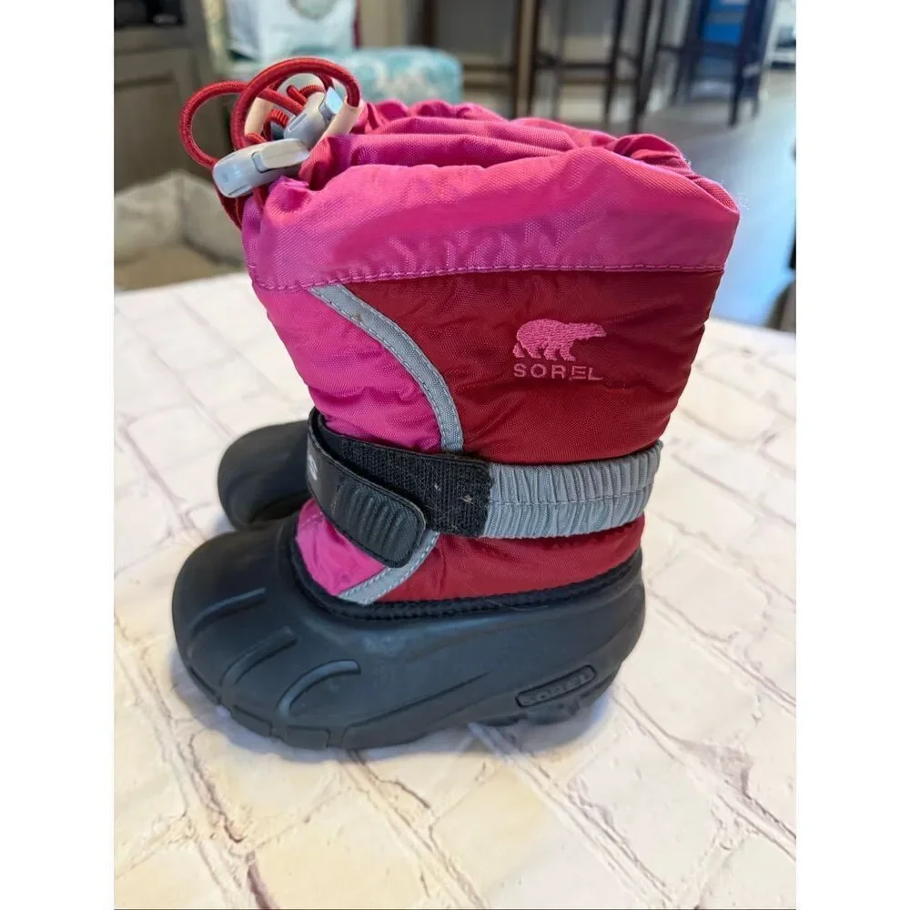 Sorel Kids Size 8 Flurry Durable Snow Boots Red Pink Winter Water Resistant